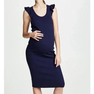 Hatch Womens Dress 0 Blue Maternity Ribbed‎ Midi Flutter Sleeve Summer Stretch